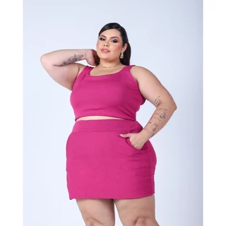 Conjunto Feminino De Cropped Alça Grossa E Short Saia Meia Coxa Plus Size Premium