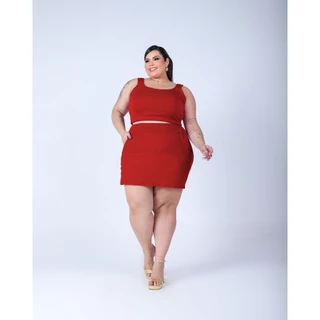 Conjunto Feminino Plus Size Short Saia Com Cropped Alça Grossa Confylook Top