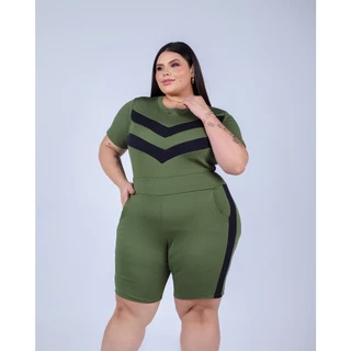 Conjunto Feminino Plus Size Moda Bermuda Ciclista Elegante Blusa Com Manga
