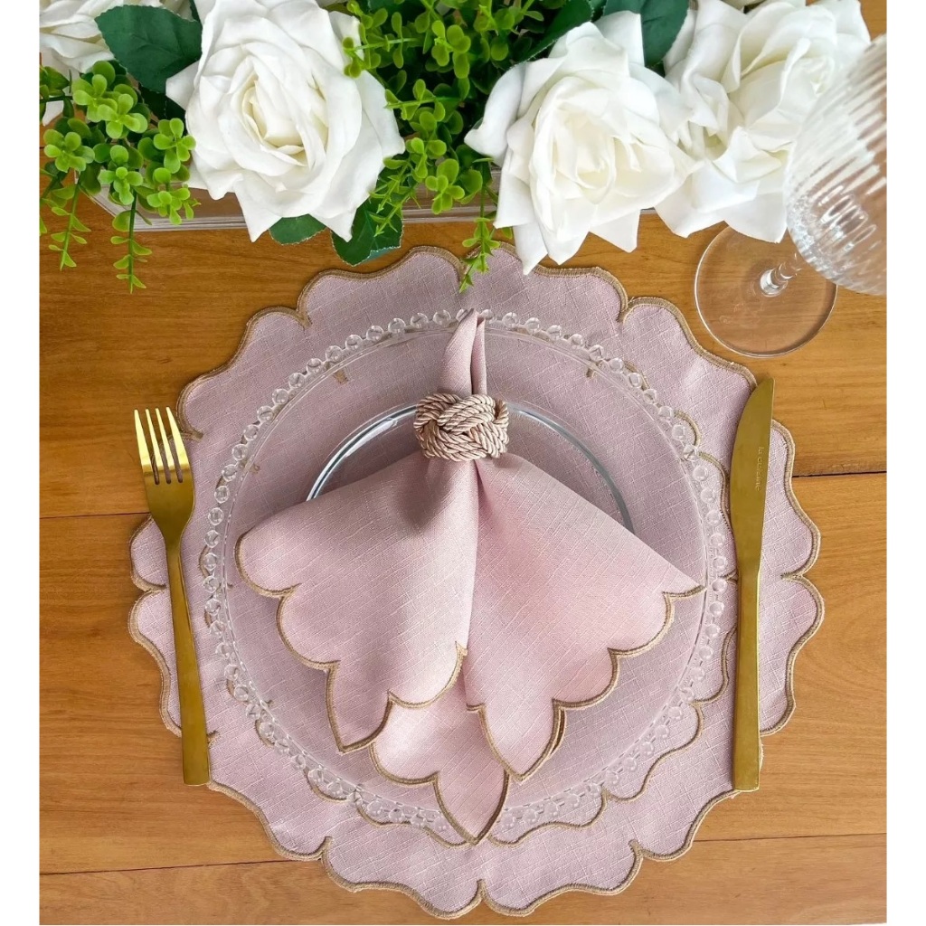 12 Pçs (6 Jogos) Jogo Americano Bordado Rose redondo Dourado Com Guardanapo