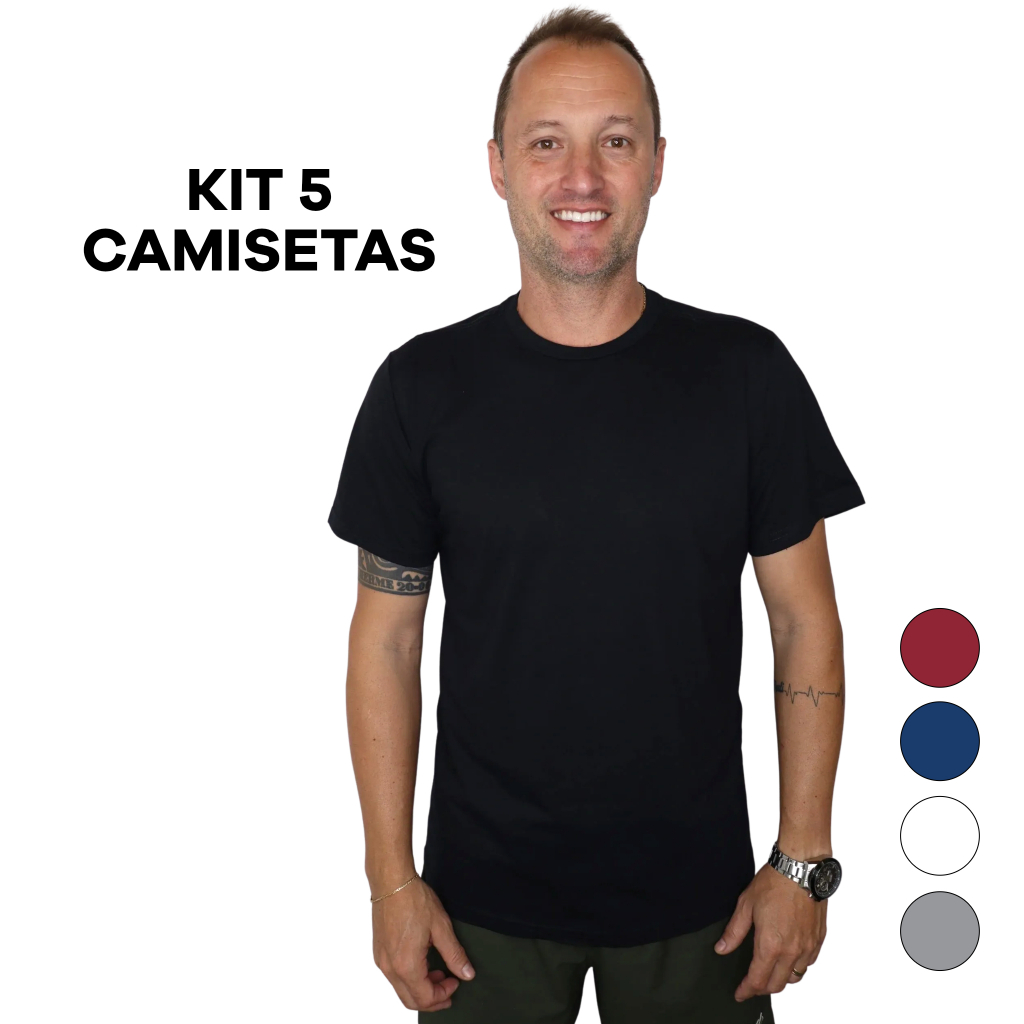 Kit 5 Camiseta Masculina Lisa Básica 100% Algodão