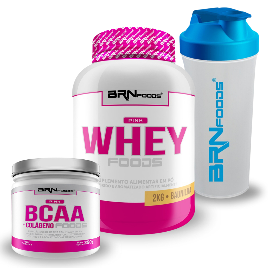 Kit Whey Protein Pink Whey 2kg + Pink BCAA com Colágeno 250g + Coqueteleira – BRN Foods