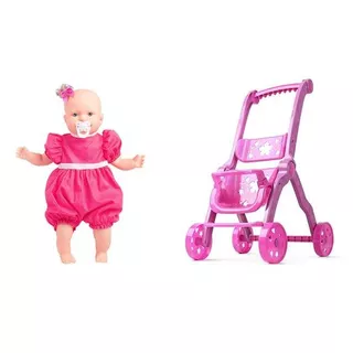 Kit Boneca Bebezão Pequerrucha 45cm com Carrinho de Boneca Infantil Carrinho de Bebê Brinquedo 59cm