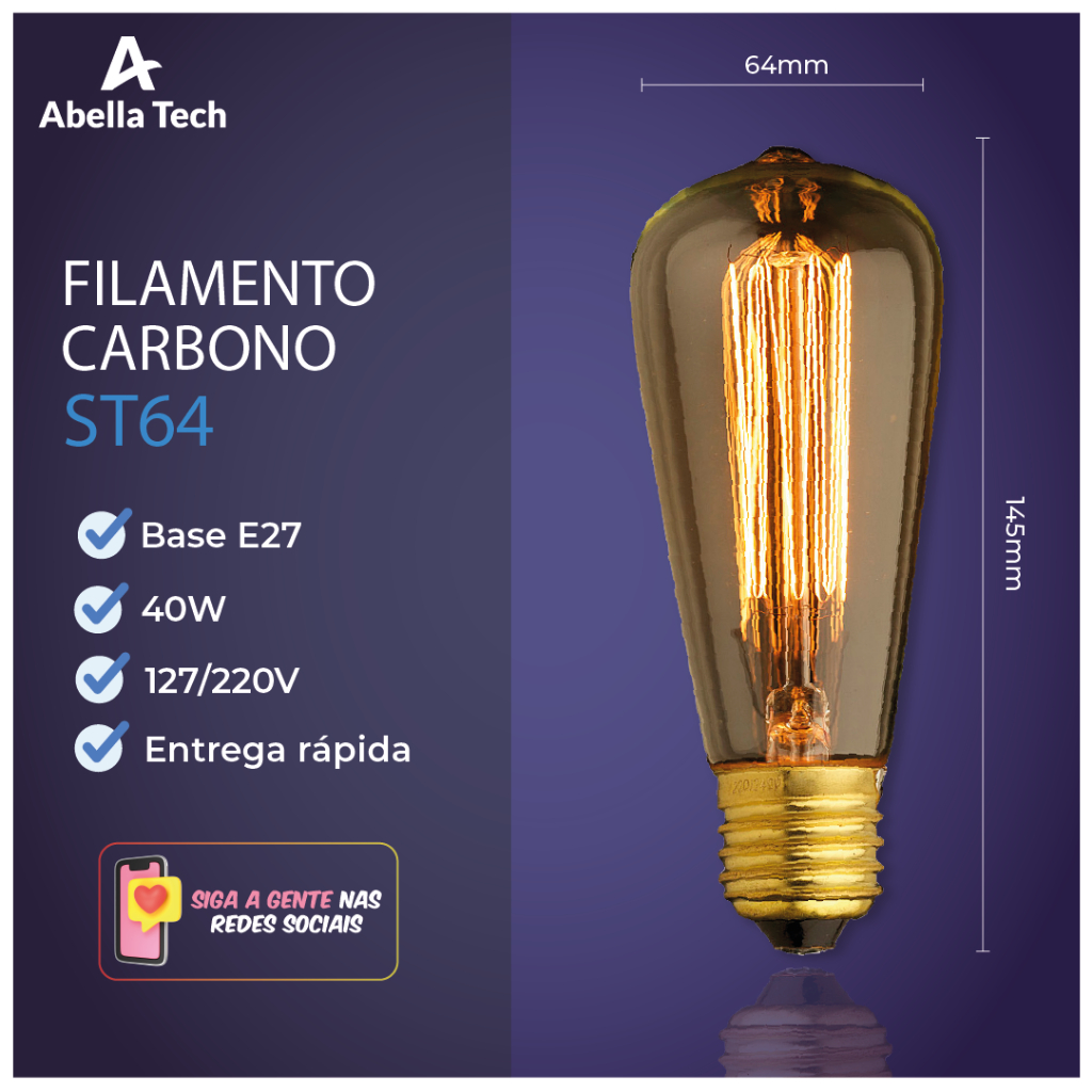 Lâmpada Filamento Carbono ST64 40W E27 LUZ QUENTE (AMARELO) Âmbar 110V~220V