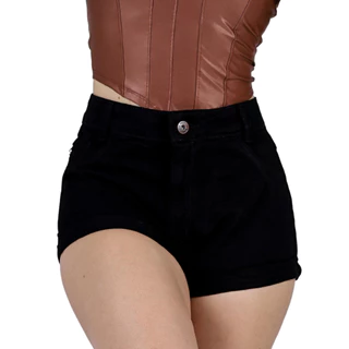 Shorts Jeans Feminino Preto Curto Cintura Alta Cos Alto Barra Dobrada Hot Pants Blogueira Luxo