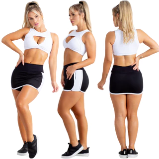Conjunto Fitness Wish Short Saia + Top Cropped Branco com Decote Frontal Não Fica Transparente