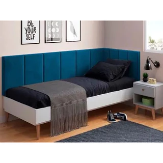 Kit Solteiro em L Cabeceira Painel Cama Box Almofadada Estofada Suede Varias Cores