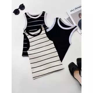 Kit 3pcs Regata Listrada Camiseta Basica Ribana Gola Redondo Sem Manga algodao comprito Moda blogueira Tendencia