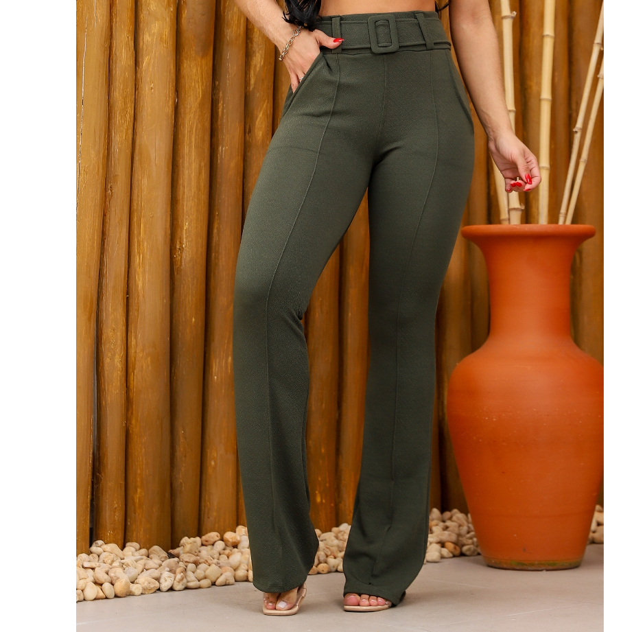 Calça Flare Feminina Cinto Forrado Boca Larga Elegante Social Cintura Alta  em Crepe