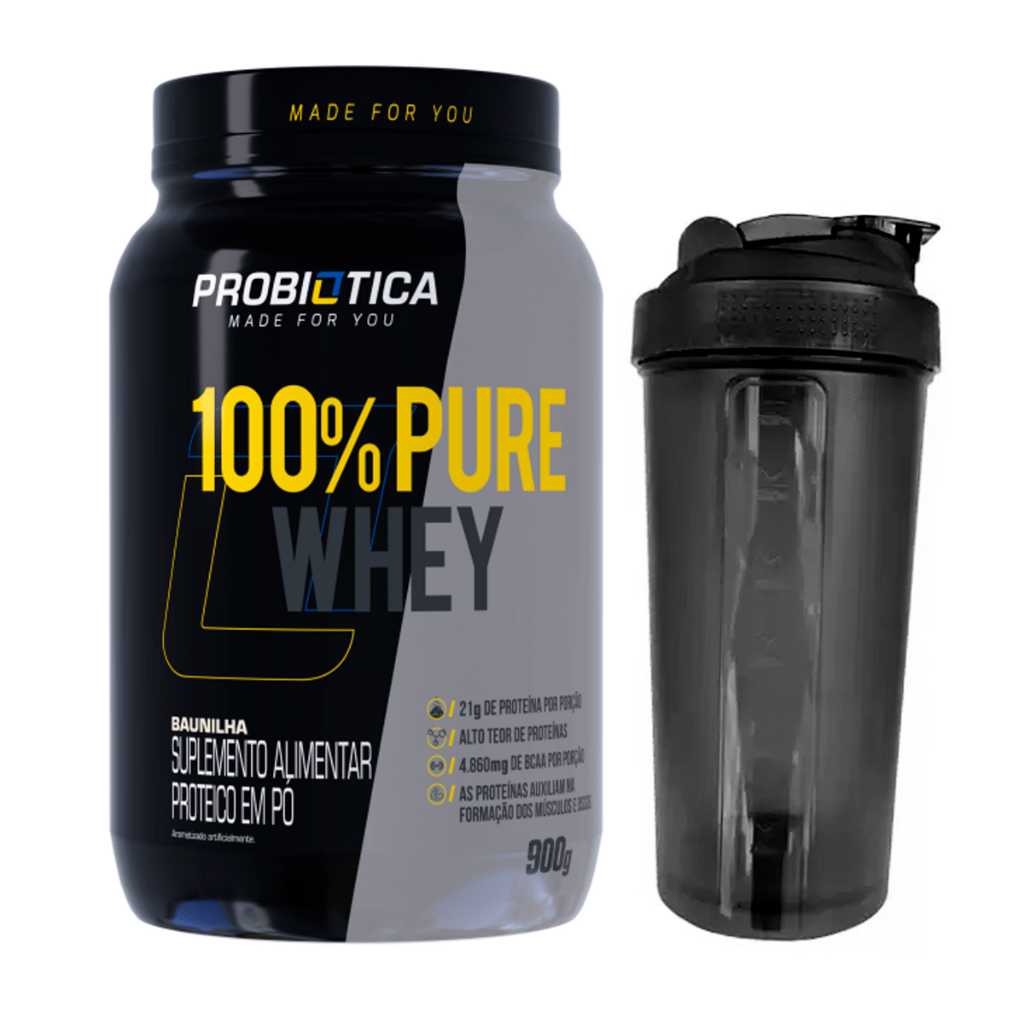 100% Pure Whey Protein Concentrado Pote 900g Probiótica wpc + Coqueteleira 600ml