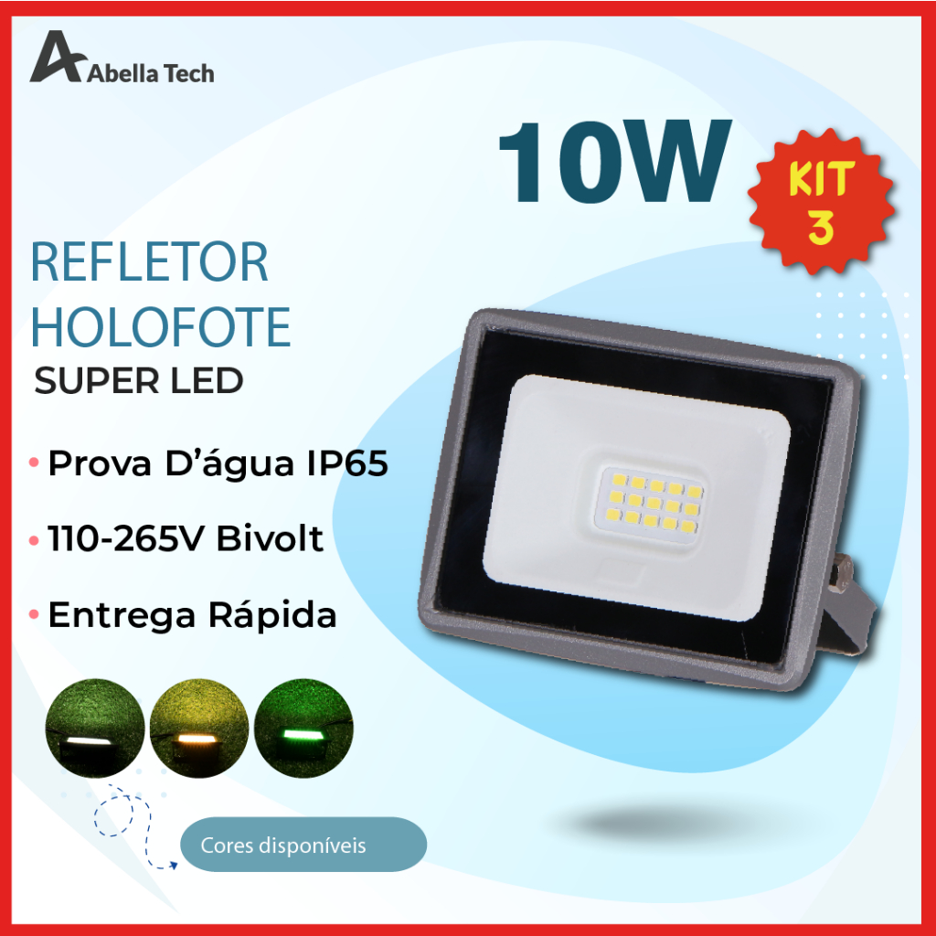 3 Refletor LED Holofote 10W Bivolt A Prova D'agua Luz Branca/Amarela/Verde CG 110~220V