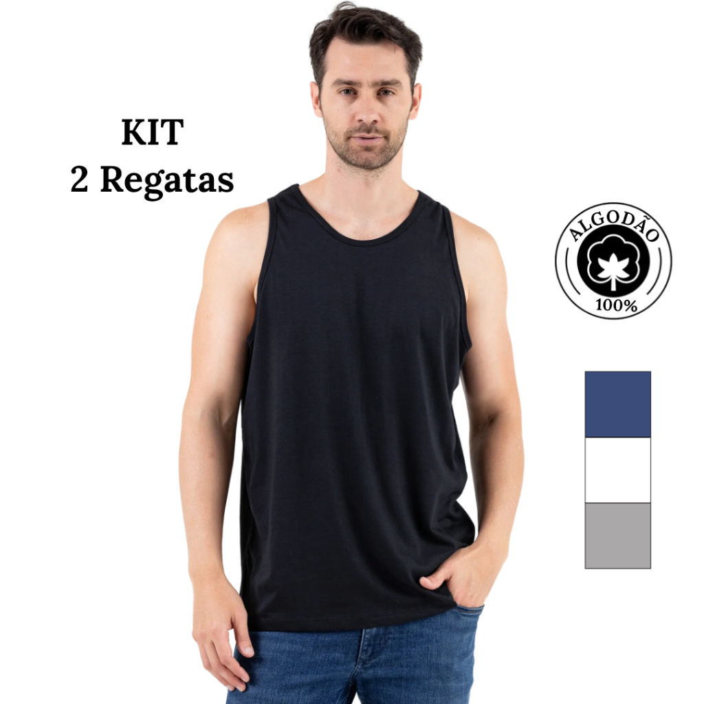 KIT 2 Regata Masculina Básica 100% Algodão