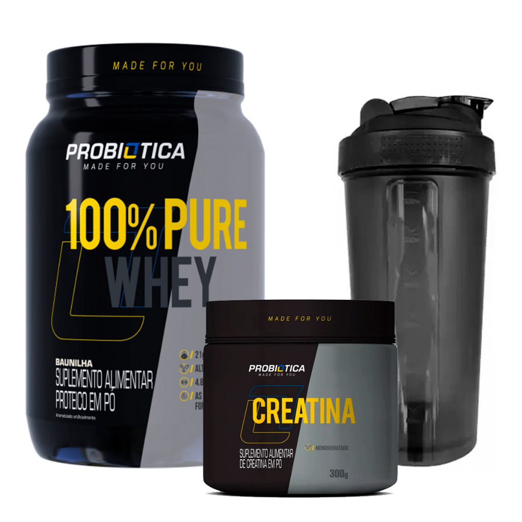 100% Pure Whey Protein Concentrado Pote 900g Probiótica + Creatina Pura Pote 300g + Coqueteleira 600ml