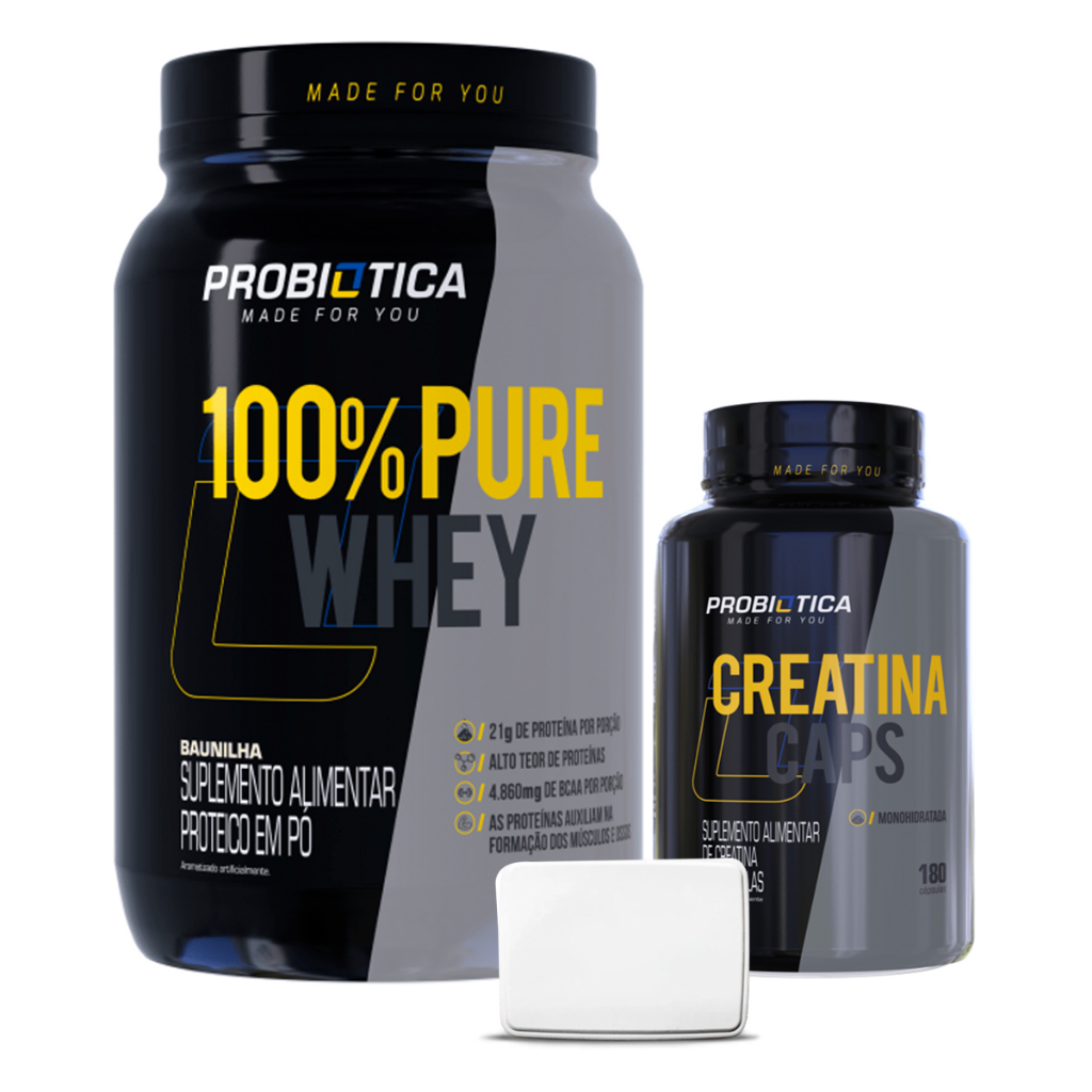 100% Pure Whey Protein Concentrado Pote 900g Probiótica + Creatina Monohidratada Pura 180 cápsulas Probiótica + Porta cápsulas