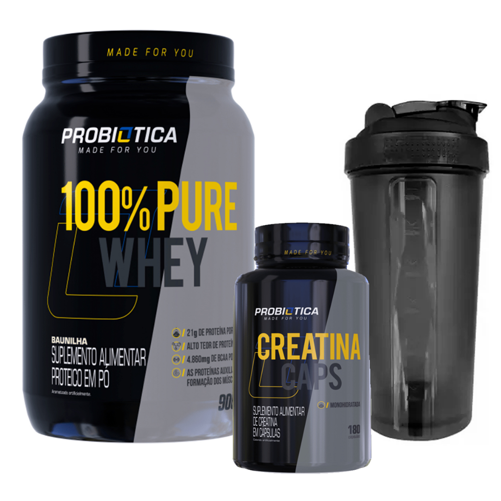 100% Pure Whey Protein Concentrado Pote 900g Probiótica + Creatina Monohidratada Pura 180 cápsulas Probiótica + Coqueteleira 600ml