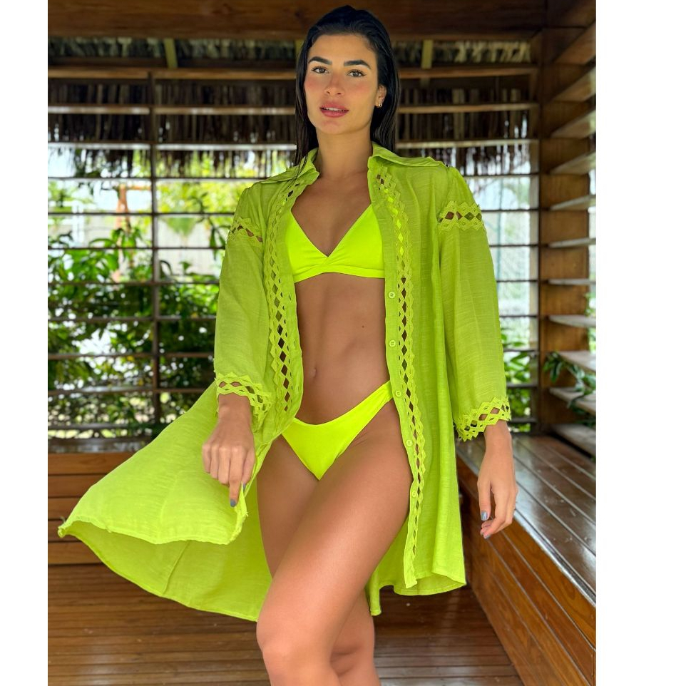 Neon Yellow Lace Tie Front Beach Top