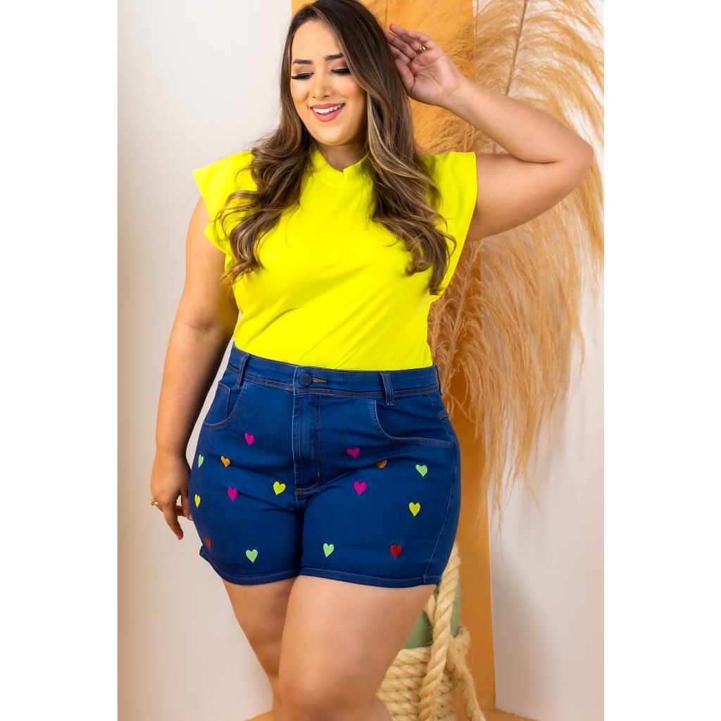 Short jeans Plus Size Bordado C/ Lycra Cintura Alta | Shopee Brasil