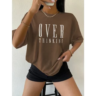 Camiseta Feminina Oversized Over Thinking estilo de Rua Largo Academia 100% Algodão 30.1 Corte Reto