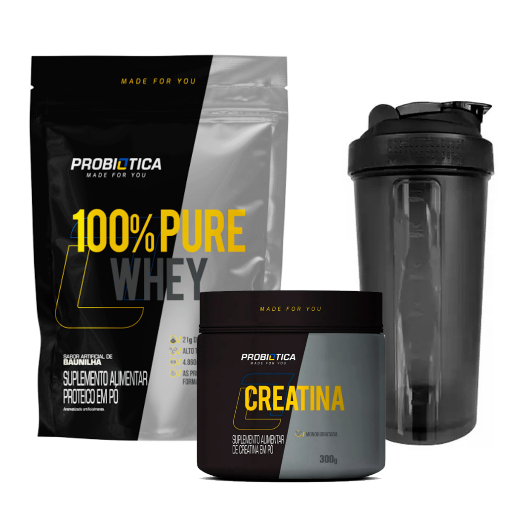 100% Pure Whey Protein Concentrado Refil 900g Probiótica + Creatina Pura Monohidratada 300g Probiotica + Coqueteleira 600ml