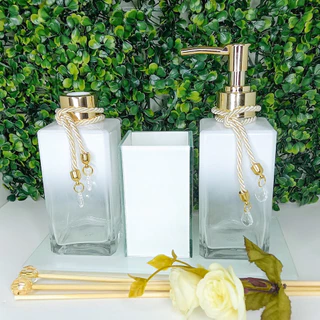 Kit Lavabo Branco Degrade Ouro Luxo Porta Escova Bandeja