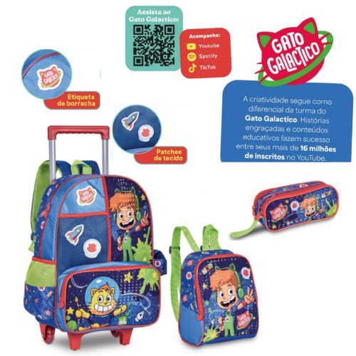 Kit Mochila Escolar Infantil Estojo r Gato Galáctico