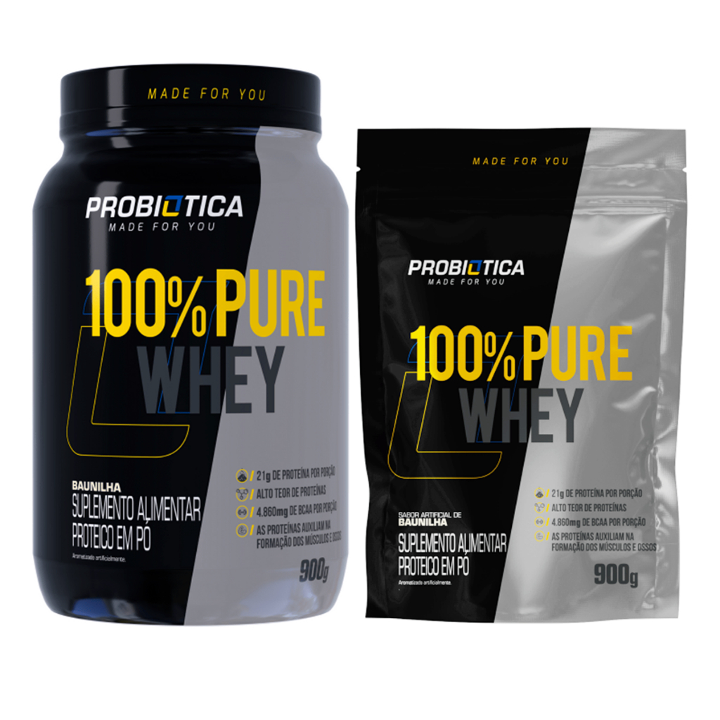 100% Pure Whey Protein Concentrado Pote 900g Probiótica + 01 Refil Whey Protein Probitótica