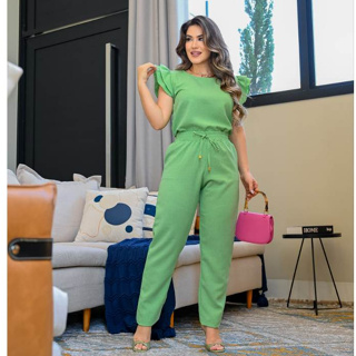 Conjunto Feminino Casual Blusa Calça em Linho De Algodão Com Babado Na  Manga Cores Verão 2023 Roupa Feminina Festa Barata Promoção Imperdível