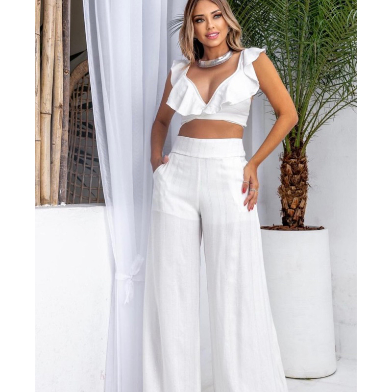 Conjunto Arábia Linho Cropped Calça Pantalona Fim de Ano Ano Novo