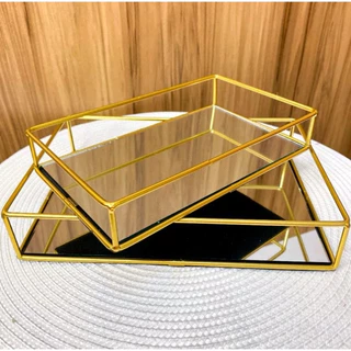 Bandeja Decorativa Espelhado ou Marmorizado Multiuso Retangular ou Redonda em Metal Dourado ou Rosê para Casa Cozinha Banheiro Decorativa
