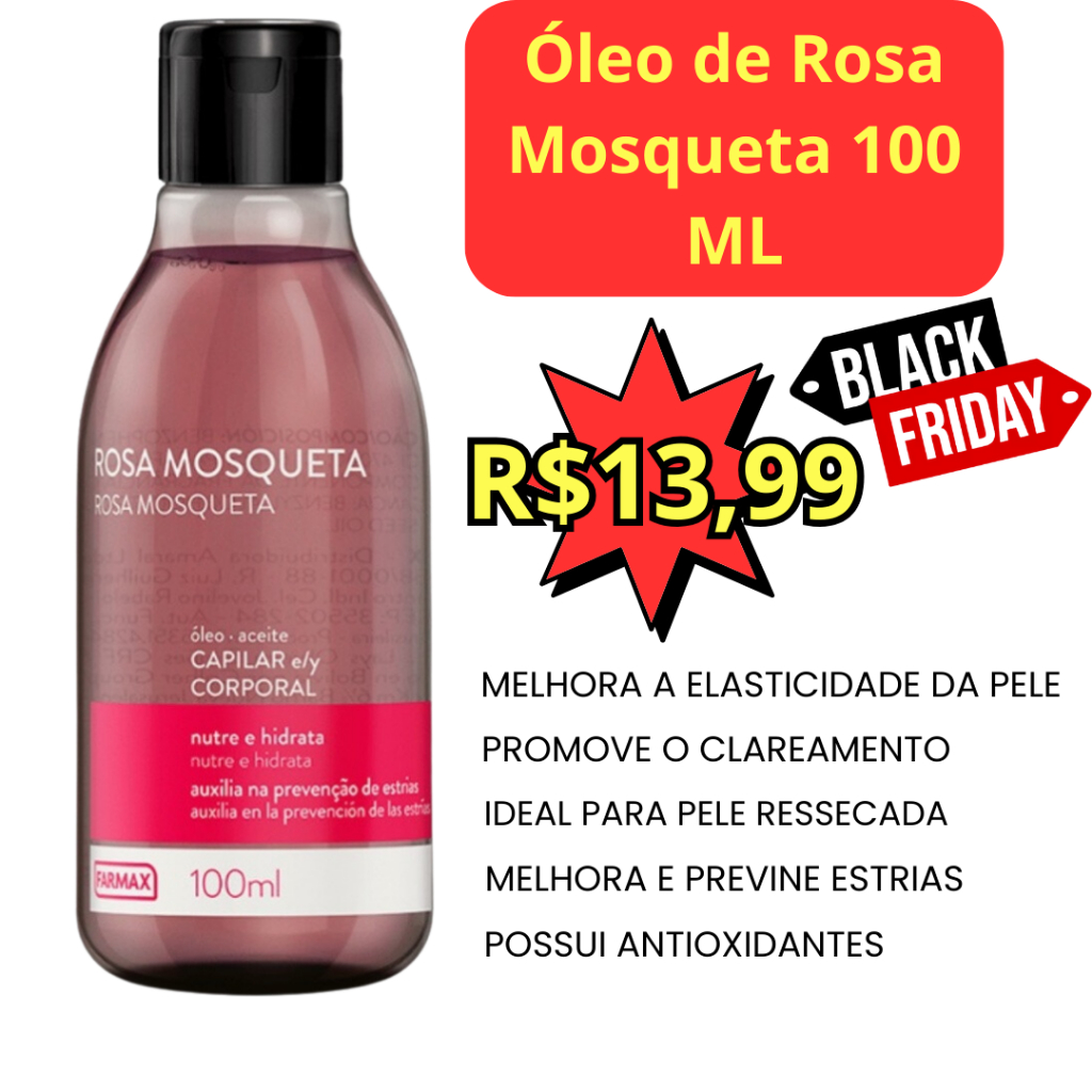 Óleo de Rosa Mosqueta 100 ML Farmax Para Manchas e Estrias - Produto Original