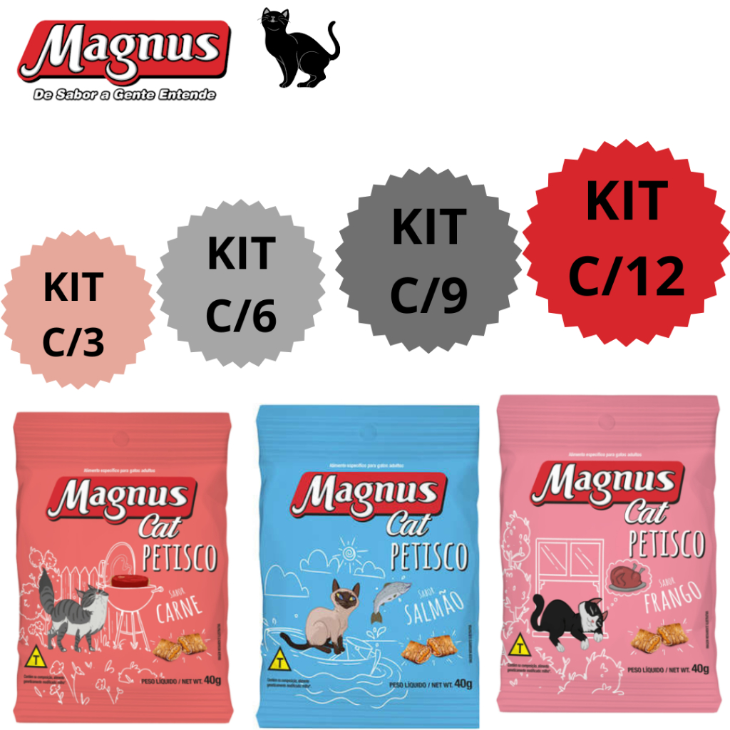 KIT C/3 , C/6 , C/9 E C/12 MAGNUS CAT PETISCO PARA GATOS 40G | Shopee ...
