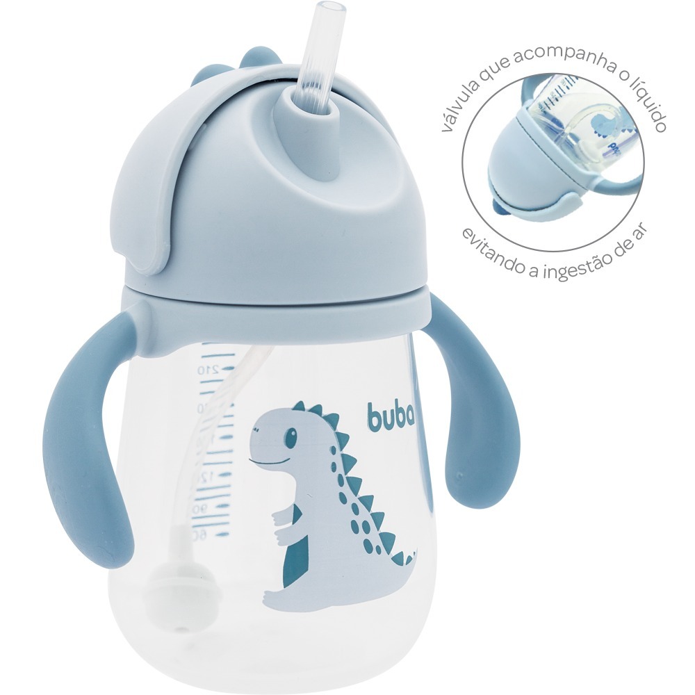 Copo Infantil Com Válvula Anti-Cólica Bebê Dino Alça Removivel Canudo de Silicone Treinamento Buba