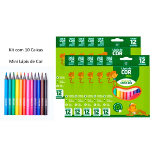 Kit 10 Caixas Lápis de Cor Mini 12 Cores Linha Eco Leo e Leo Material Escolar Lembrancinha