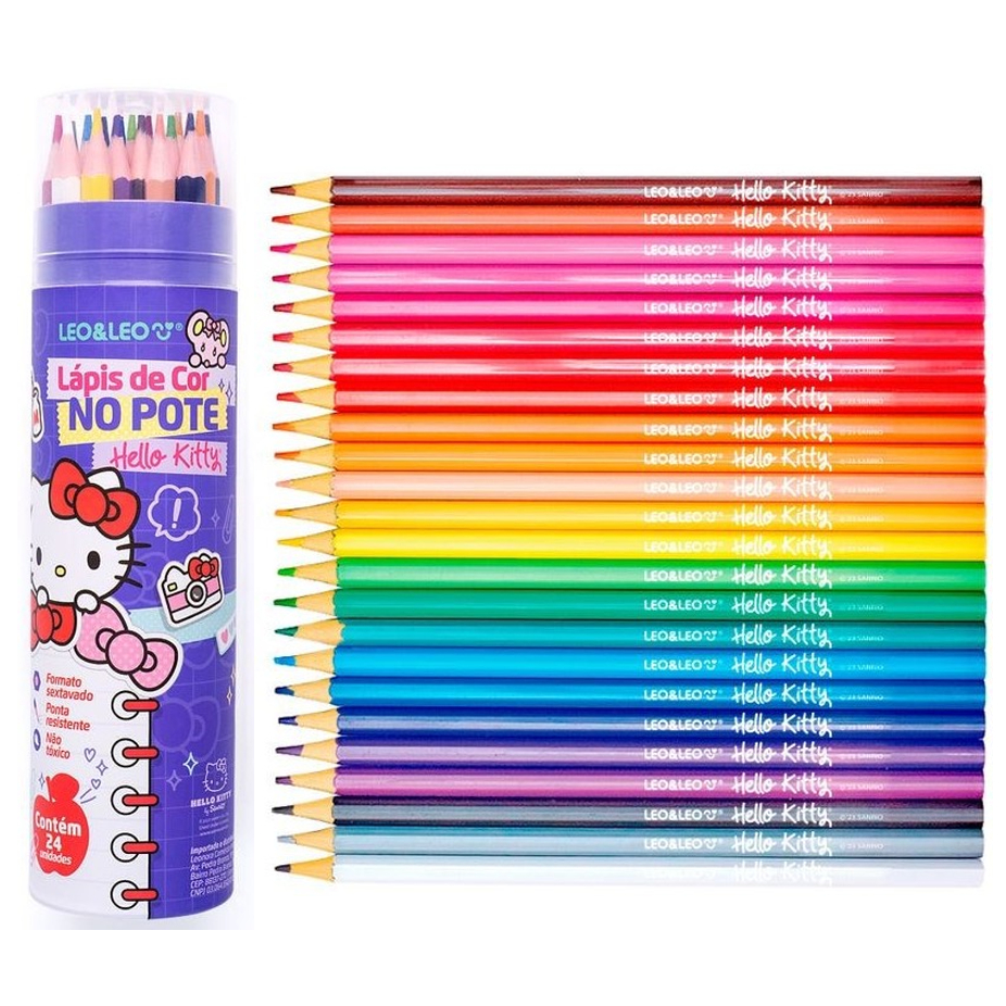 Lápis de Cor no Pote 24 Cores Hello Kitty Leo e Leo Material Escolar
