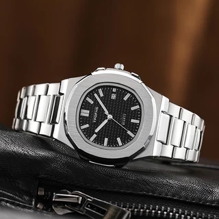 Relógio de pulso masculino de alta qualidade com movimento de quartzo, material em aço inoxidável, resistência à água de 50 metros e função de luminosidade noturna