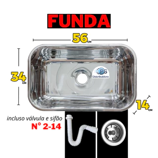 Cuba de Aço Inox Polida para Pia de Cozinha 56x34x14 cm com Válvula e Sifão