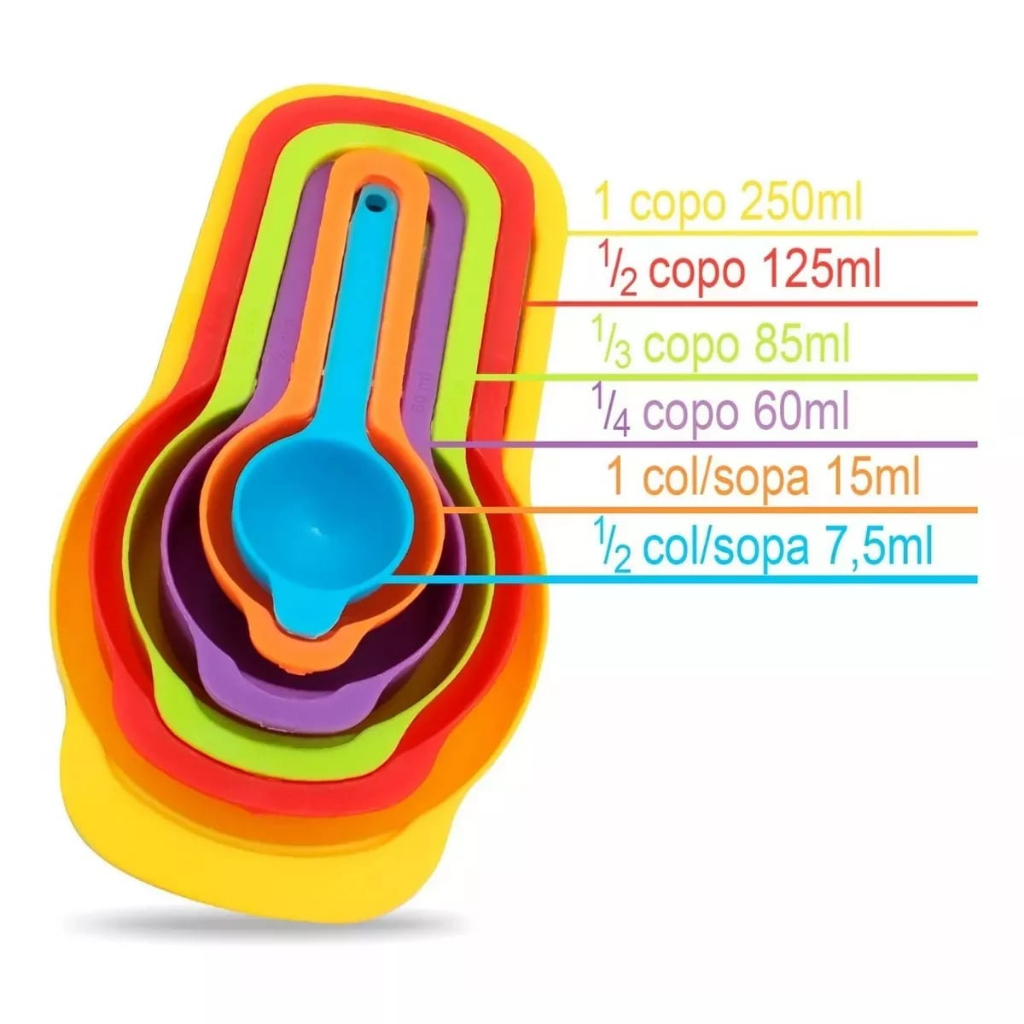 Conjunto Colher Xicaras Medidoras Top Útil Multicoloridas Vá