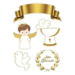 Topo Topper de Bolo Meu Batizado Dourado Personalizado C/Nome e Idade