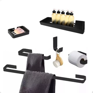 Kit de Acessórios para Banheiro Quadrado Preto 6 Peças com Porta Shampoo Luxo