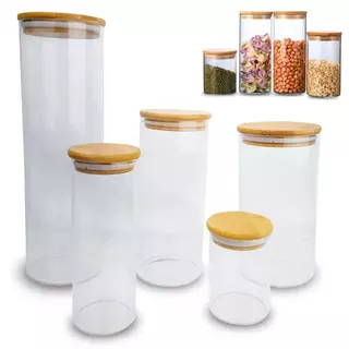 Potes De Vidro Herméticos - Kit Com 5 - Para Mantimentos Com Tampa De Bambu - Nybc