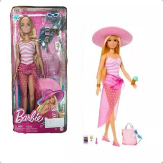 Boneca Barbie Morena Roupa de Praia Maiô Azul Original Mattel