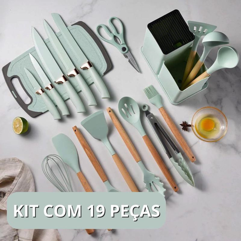 Kit Completo Jogo Utensílios de Cozinha Luxo* 19 * Peças Com Tábua em Silicone Espátula Faca Tesoura