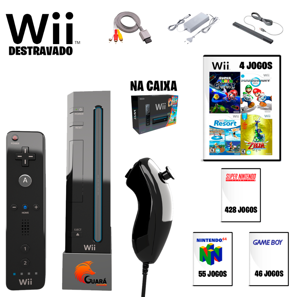 Nintendo Wii Black Destravado lotado de jogos Usb Loader e Emuladores Wii preto Completo Lindo 32GB