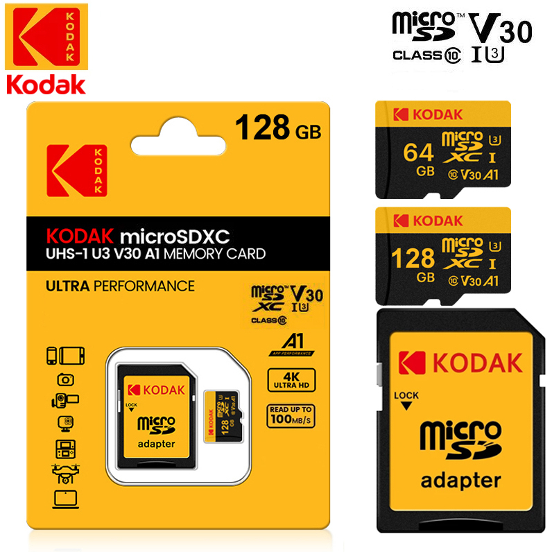 Cartão De Memória Kodak Micro SD 64GB TF U3 A1 V30 128G Velocidade De Leitura 100MB/s Gravação De Vídeo 4K 256GB