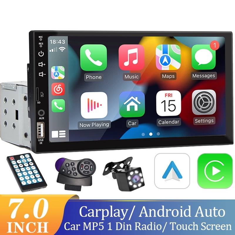 Central Multimídia Carplay/Android Auto 1 Din 7 Polegadas MP5 Bluetooth USB/AUX/TF Mirrorlink Com Tela Sensível Ao Toque || Sem taxas