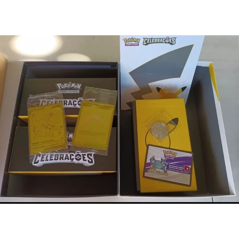 Box coleção dourada Pokemon deslacrada com cartas douradas e boxes