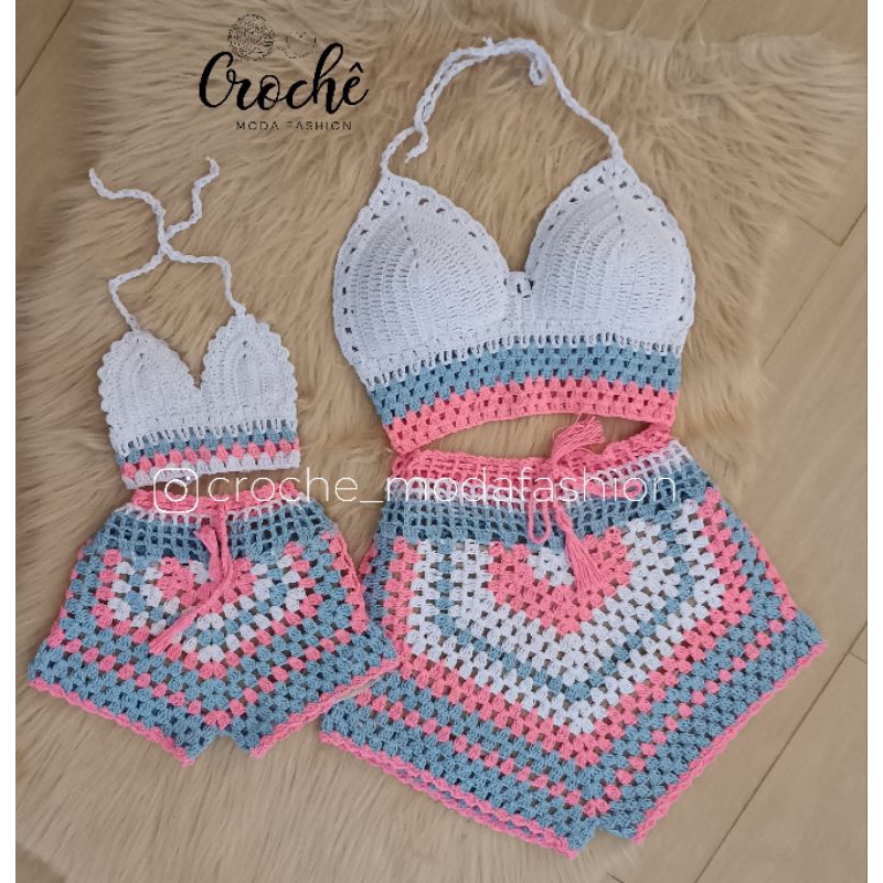 conjunto de croche top e short de croche colorido G