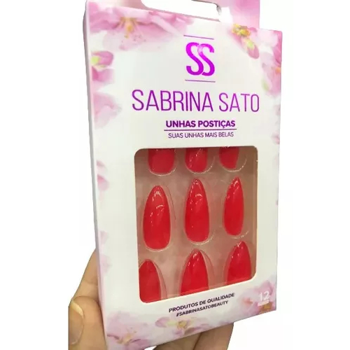 Unha Postiça Formato Amendoada Realista Autocolante Vermelho