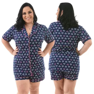 Pijama Plus Size Feminino Americano Curto De Botão Aberto Short Doll