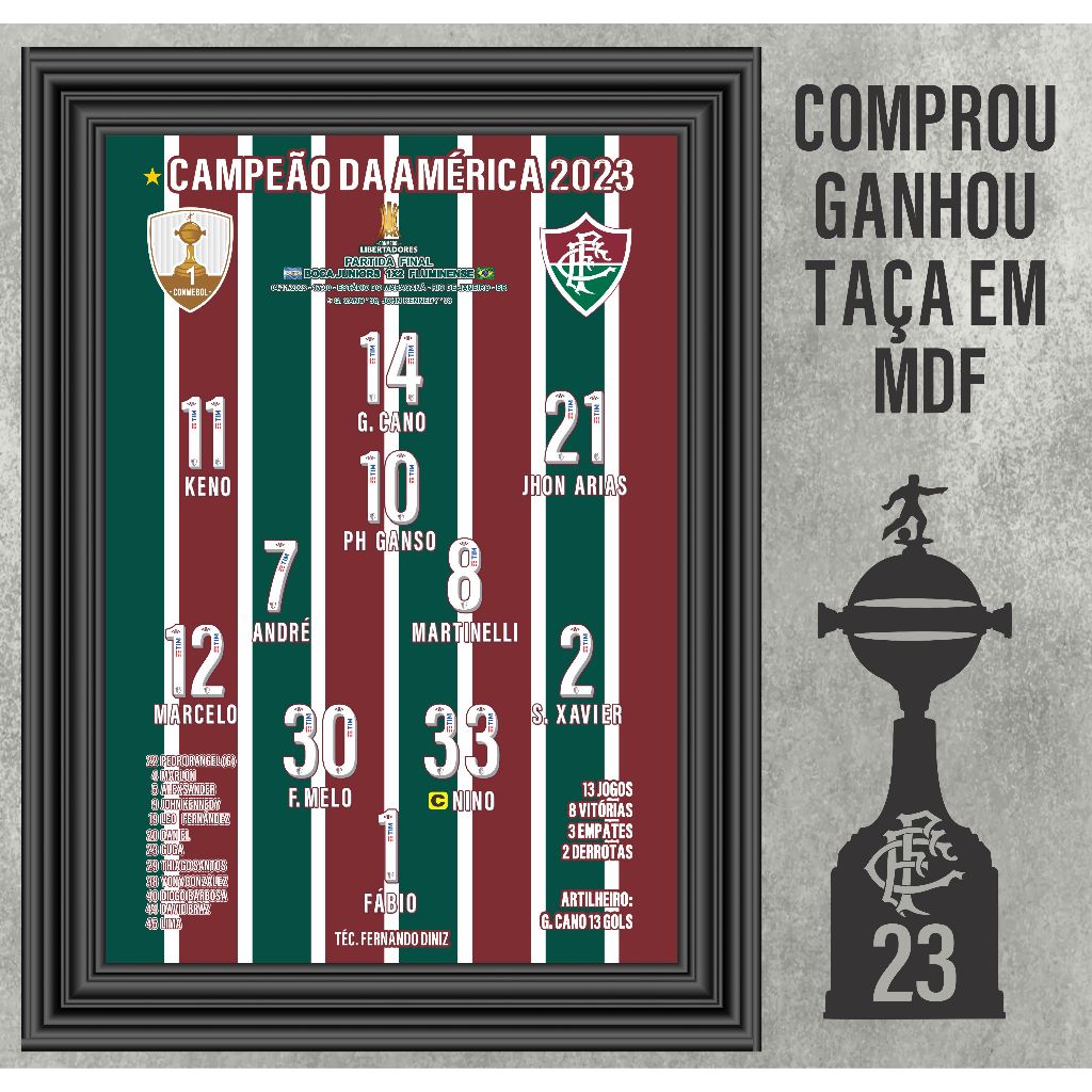 Placa decorativa Quadro Fluminense Campeão Taça Libertadores Futebol escalação 2023